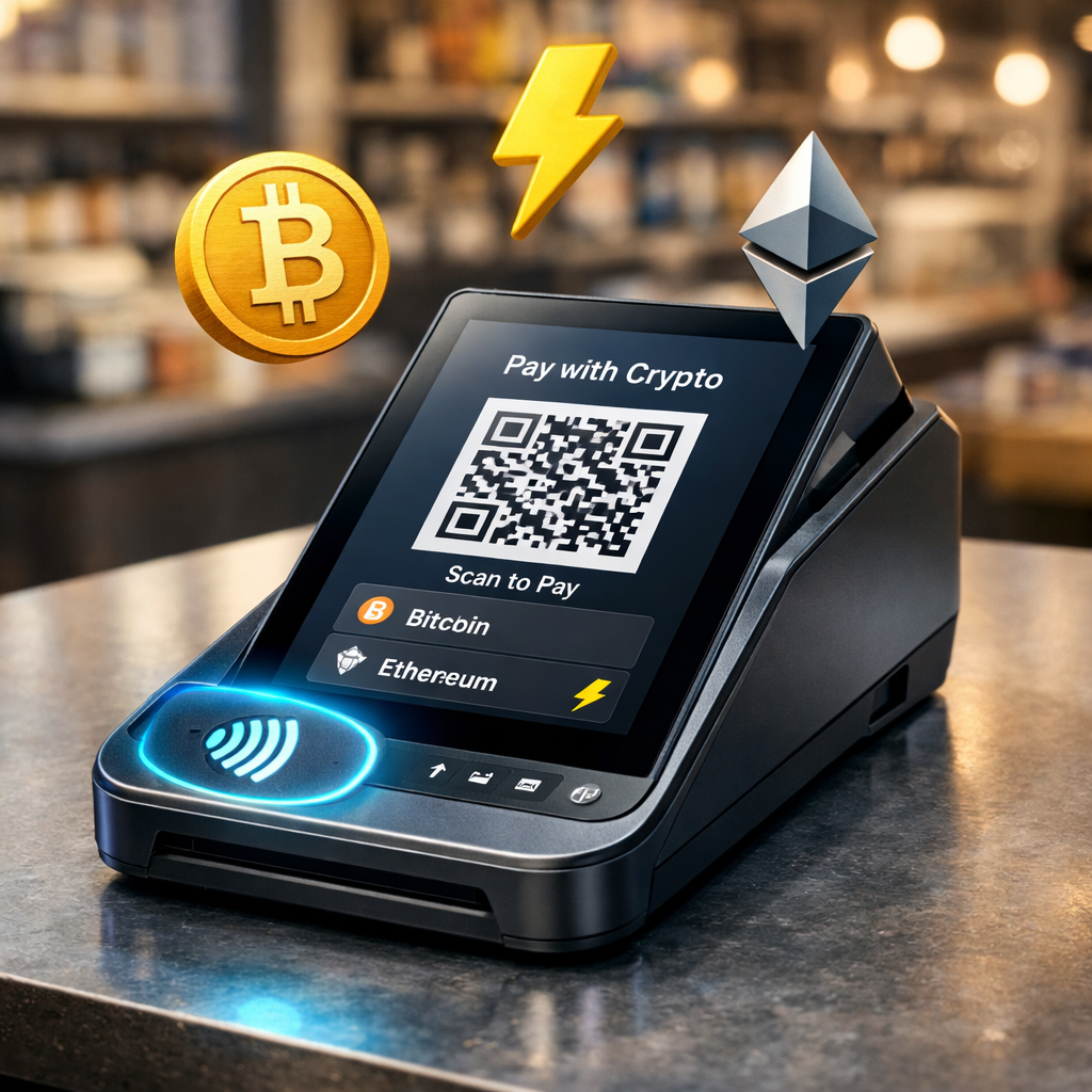Countertop stablecoin terminal accepting tap-to-pay wallets.