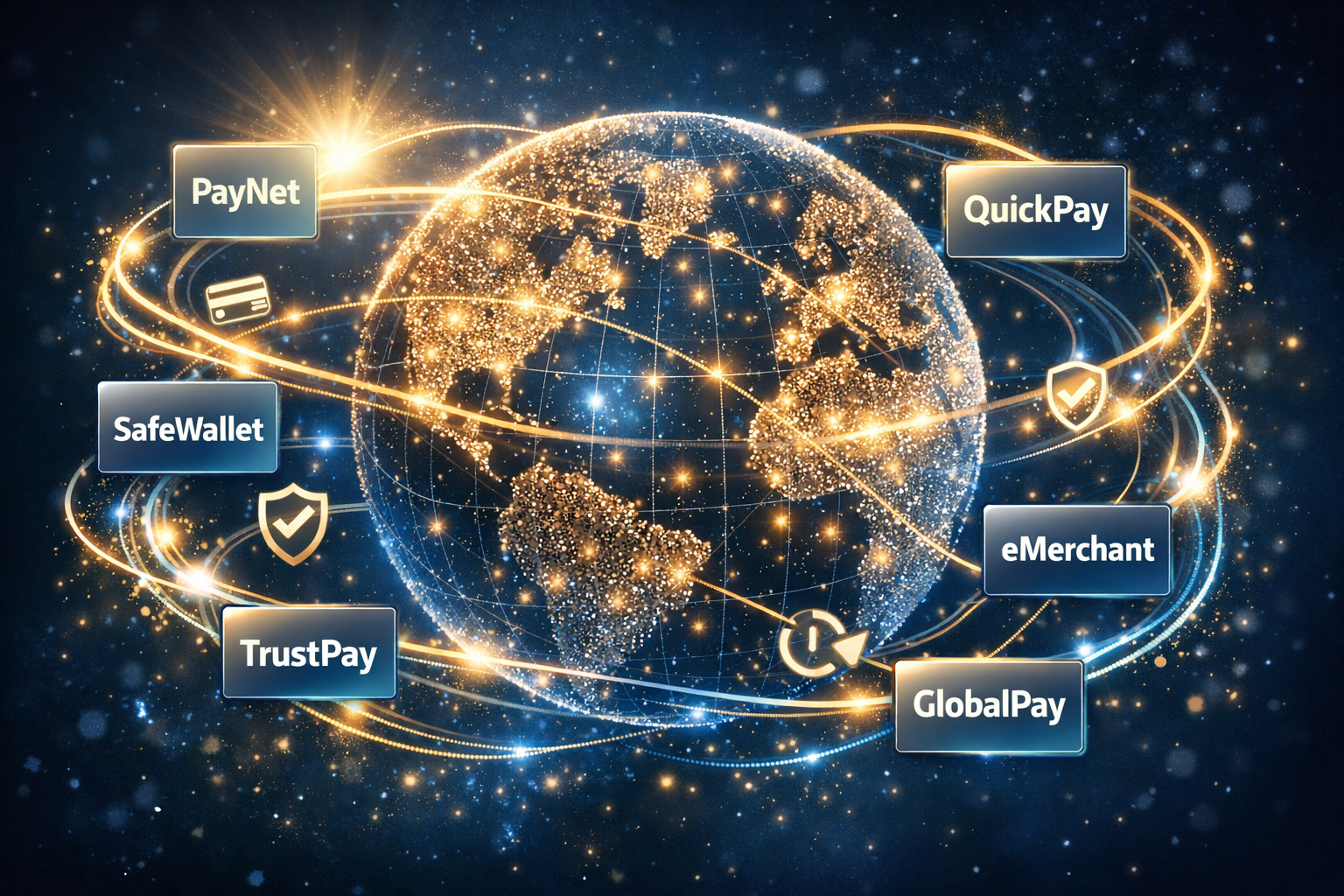 Global network of client logos connected by payment flows.