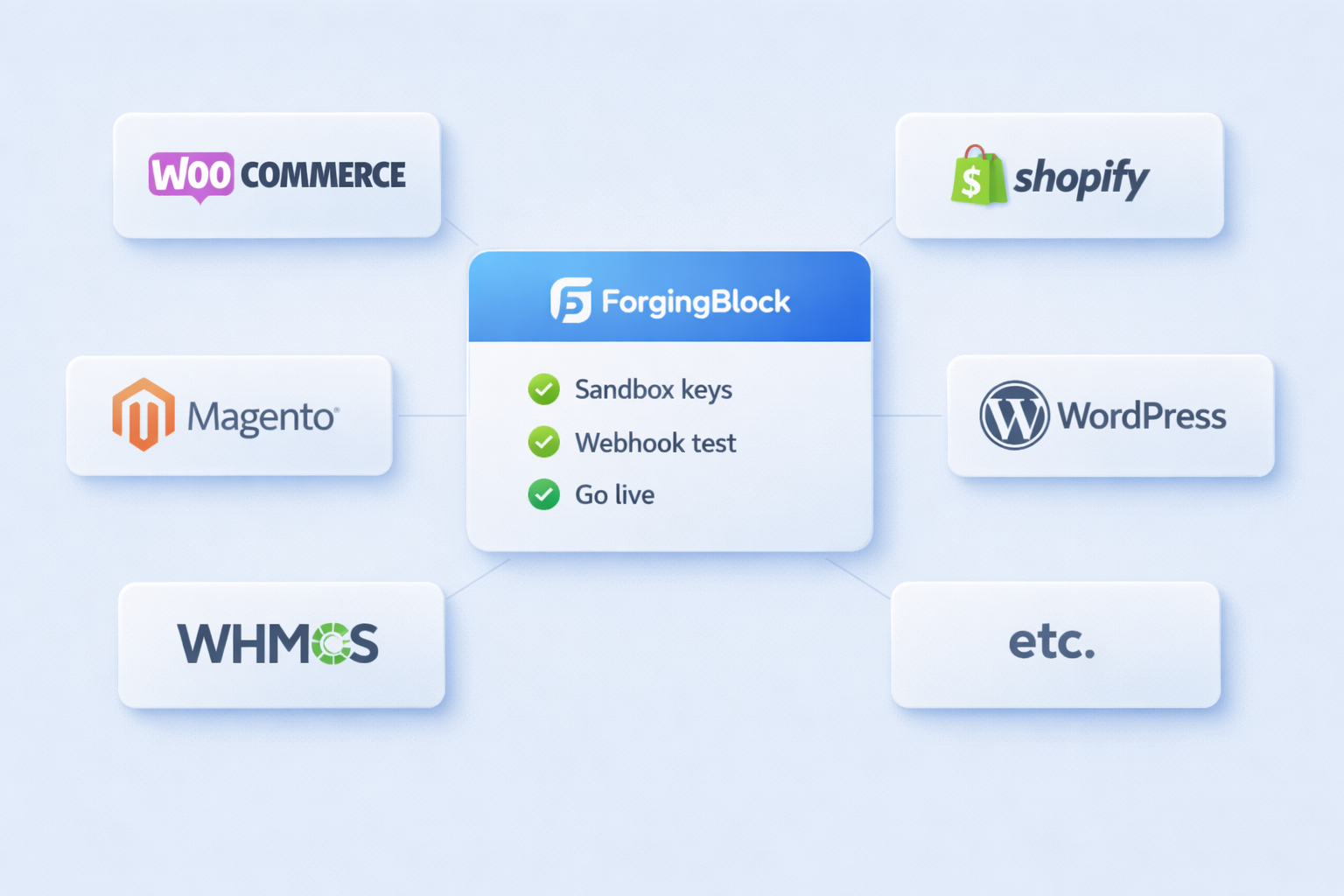 Plugin deployment wizard syncing WooCommerce, Shopify, Magento, and more into a ForgingBlock dashboard.